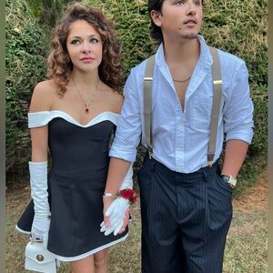 Black and White Off-Shoulder Dress with Gloves